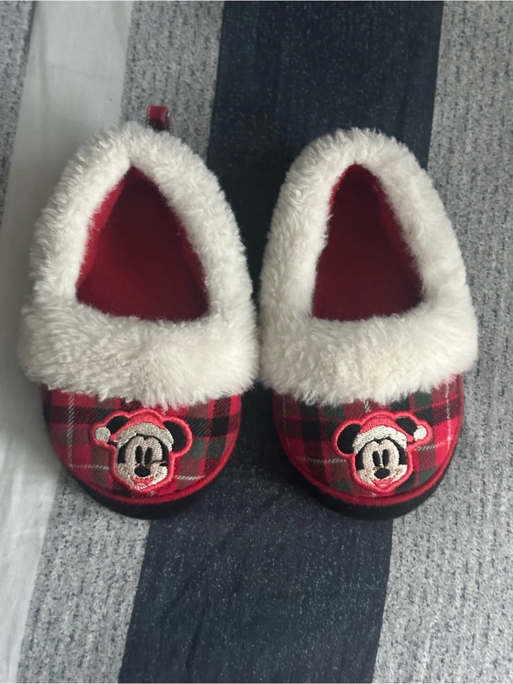 Mickey Mouse Kids Red Plaid Fleece-Lined Slippers